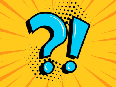 Question mark and exclamation point, blue signs on yellow comic banner in pop art style. Vector illustration