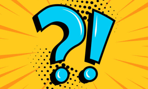 Question mark and exclamation point, blue signs on yellow comic banner in pop art style. Vector illustration