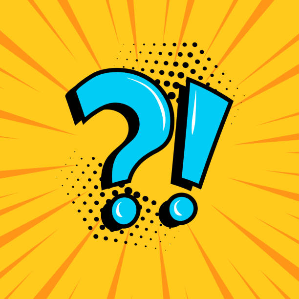 Question mark and exclamation point, blue signs on yellow comic banner in pop art style. Vector illustration